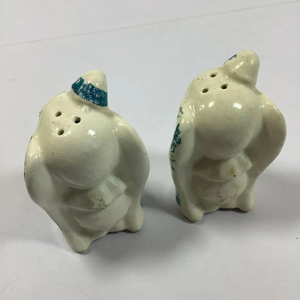 Vintage Ceramic Elephant Salt and Pepper Shakers Blue Hat Cork Stopper 3